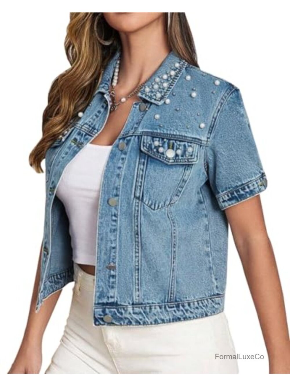 Pearl Embellished Cropped Denim Jacket Short Sleeve Cotton Blend Coat